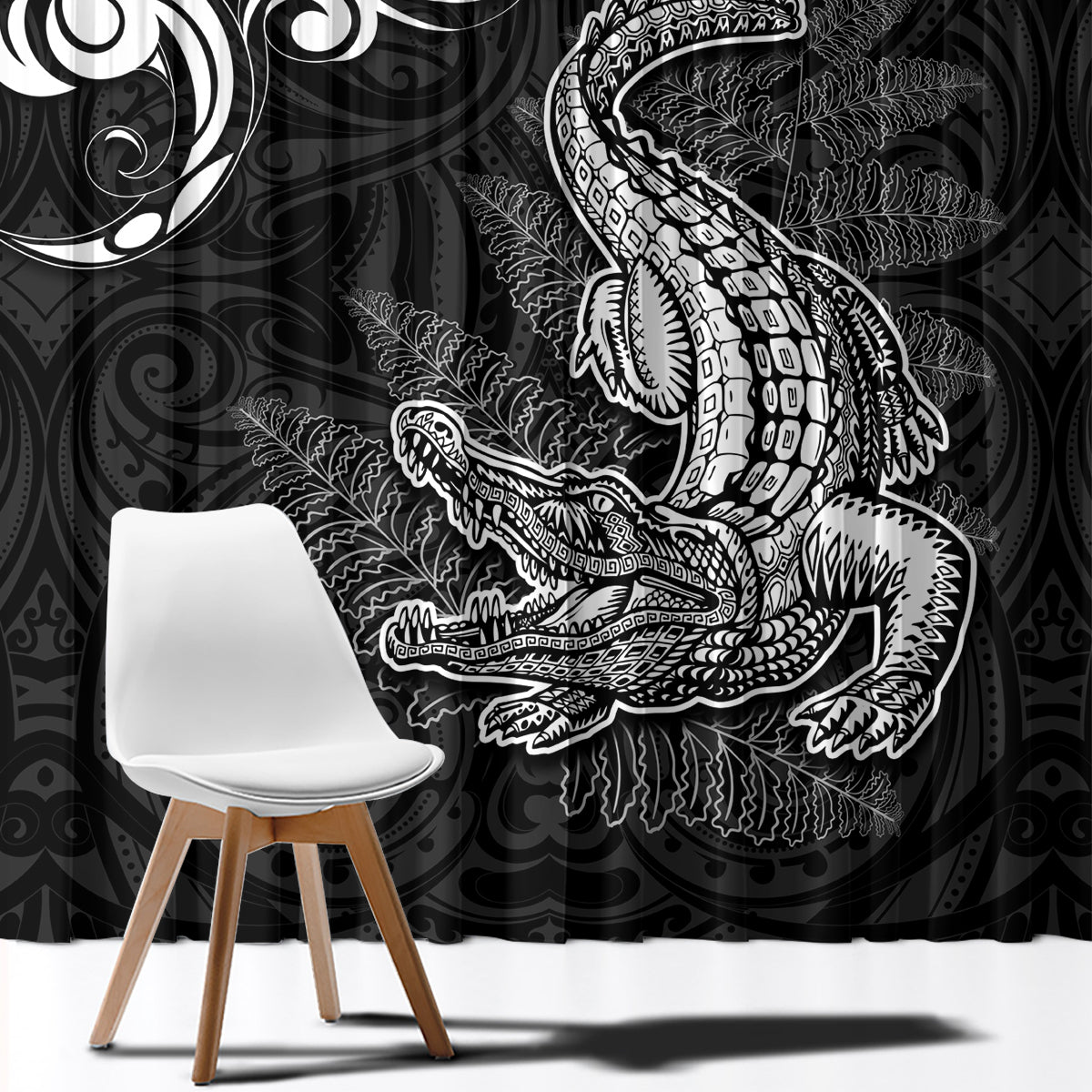 New Zealand Crocodile Tattoo and Fern Window Curtain Maori Pattern LT03 - Polynesian Pride