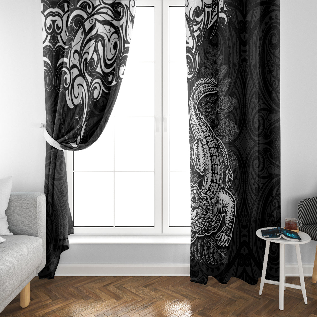 New Zealand Crocodile Tattoo and Fern Window Curtain Maori Pattern LT03 - Polynesian Pride