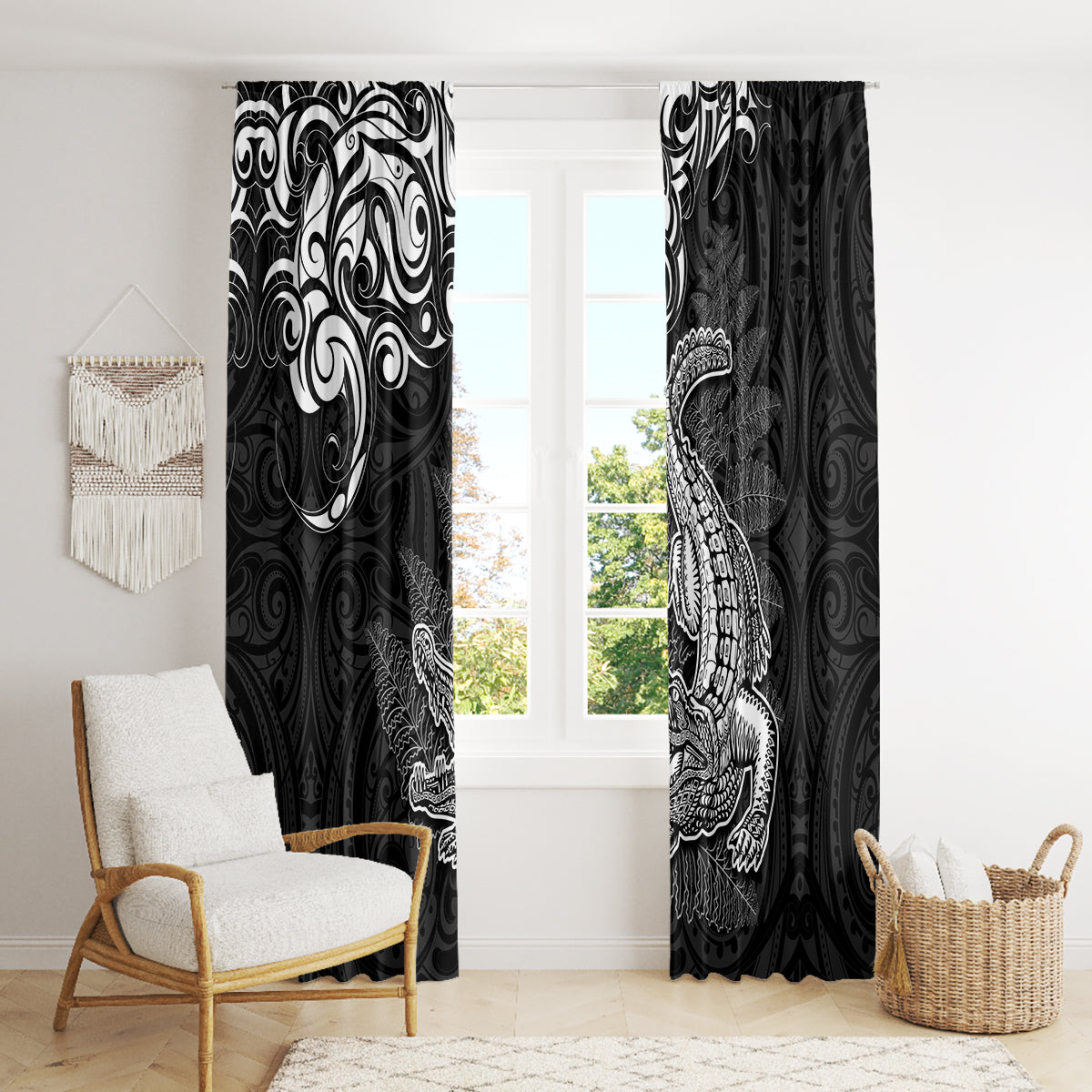 New Zealand Crocodile Tattoo and Fern Window Curtain Maori Pattern LT03 - Polynesian Pride