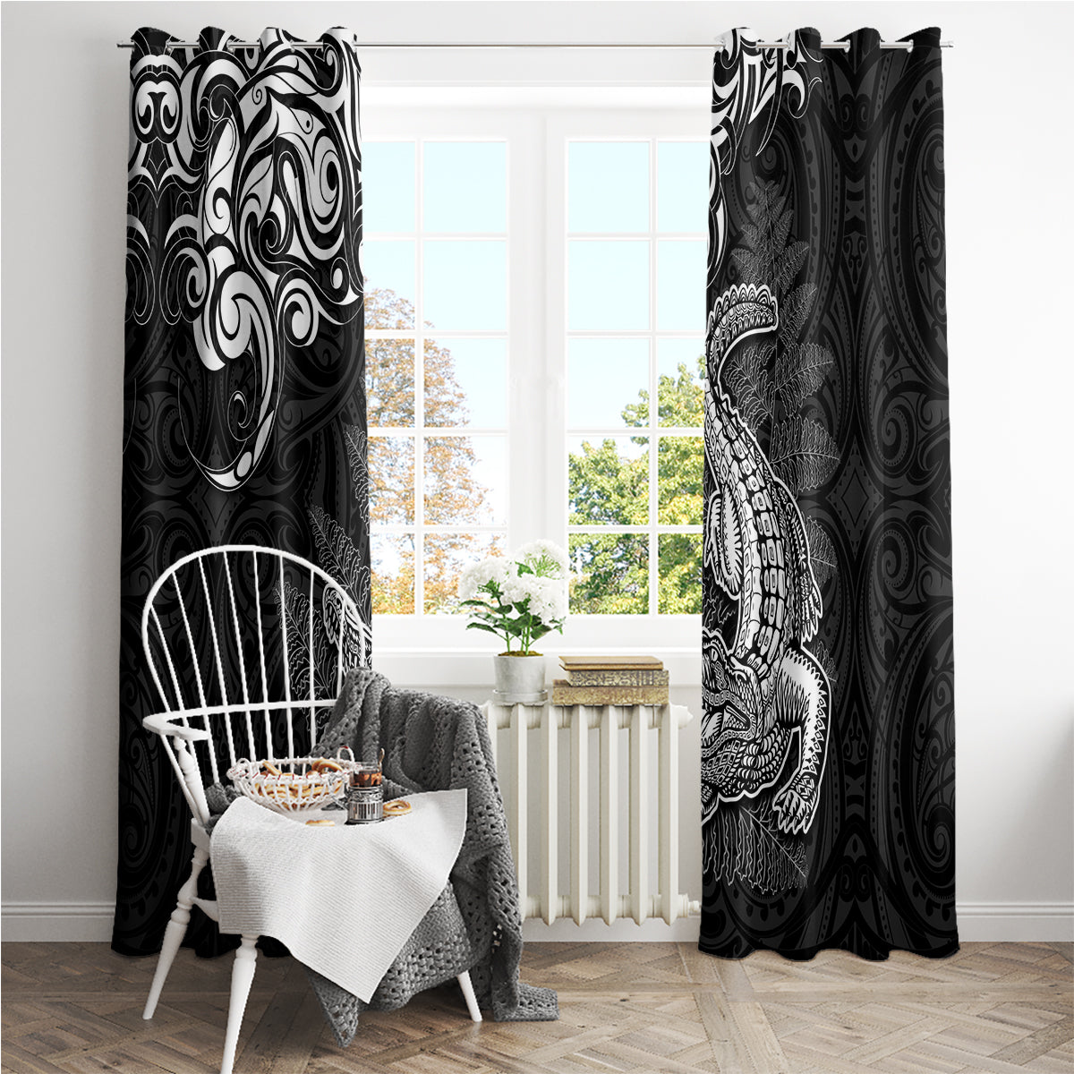 New Zealand Crocodile Tattoo and Fern Window Curtain Maori Pattern LT03 - Polynesian Pride