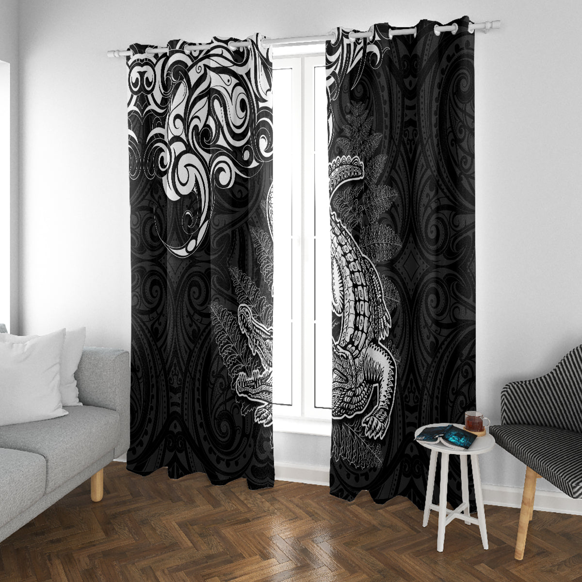 New Zealand Crocodile Tattoo and Fern Window Curtain Maori Pattern LT03 With Grommets Black - Polynesian Pride