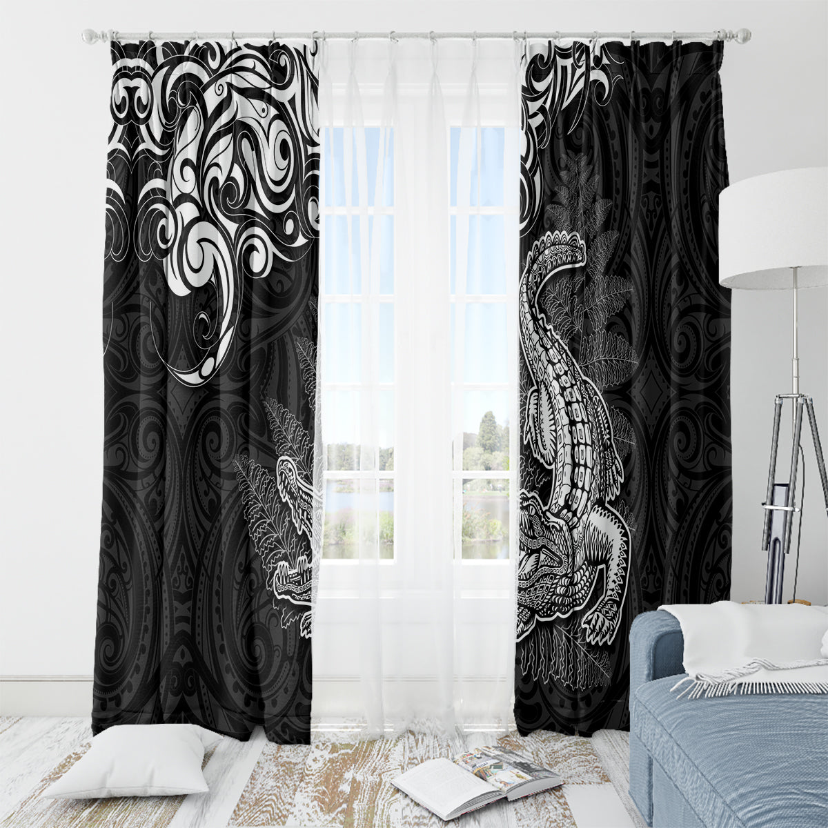 New Zealand Crocodile Tattoo and Fern Window Curtain Maori Pattern LT03 - Polynesian Pride