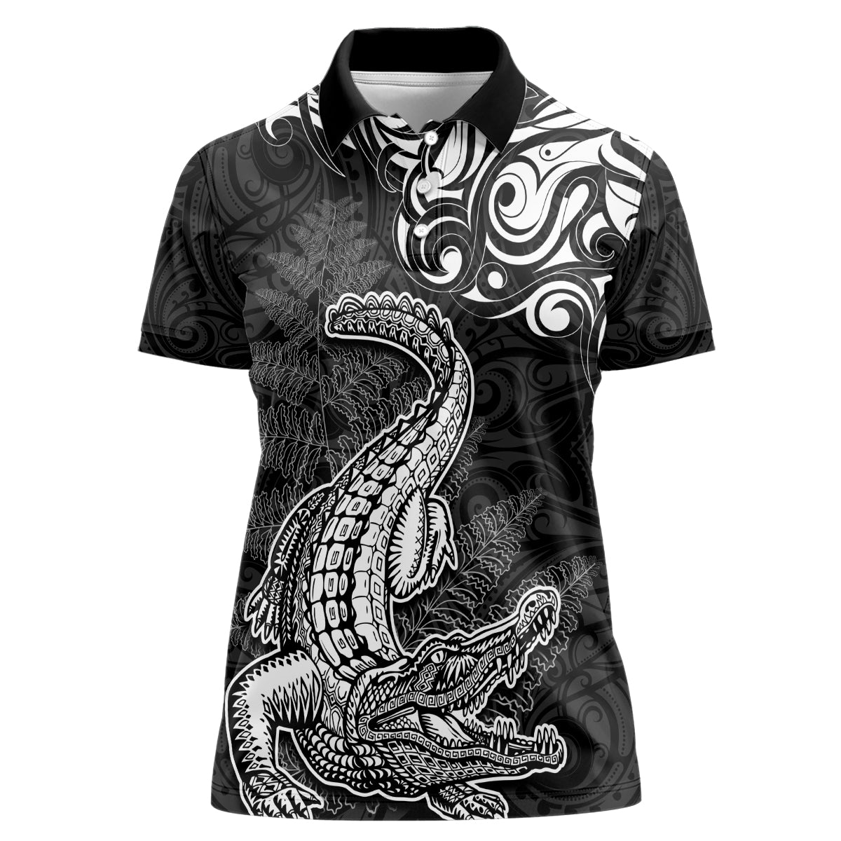 New Zealand Crocodile Tattoo and Fern Women Polo Shirt Maori Pattern