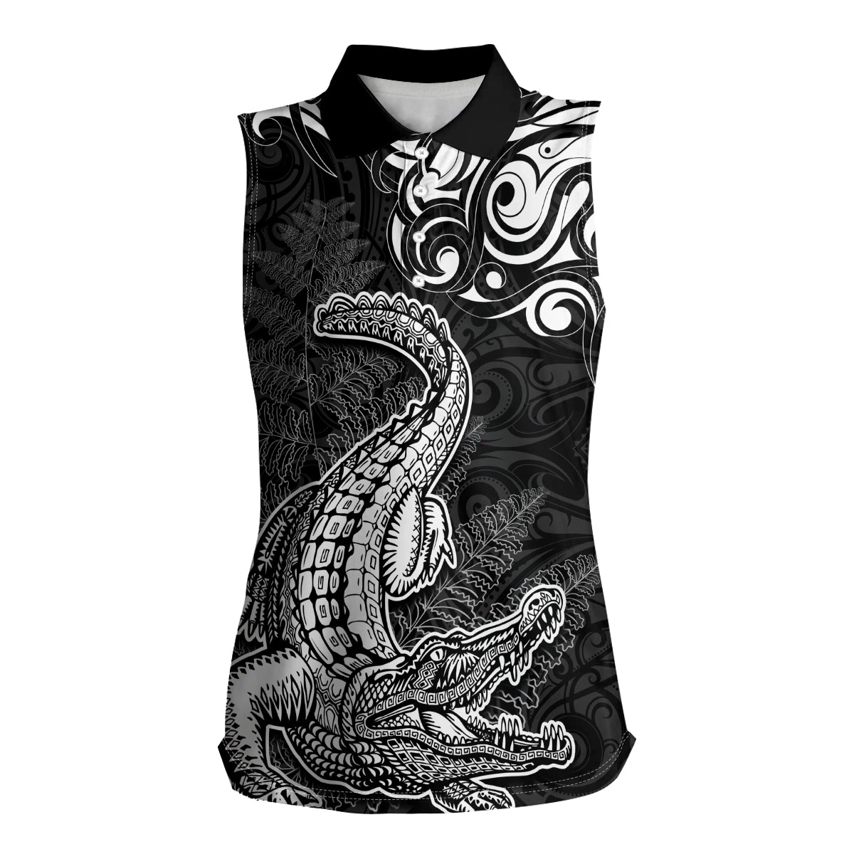 New Zealand Crocodile Tattoo and Fern Women Sleeveless Polo Shirt Maori Pattern