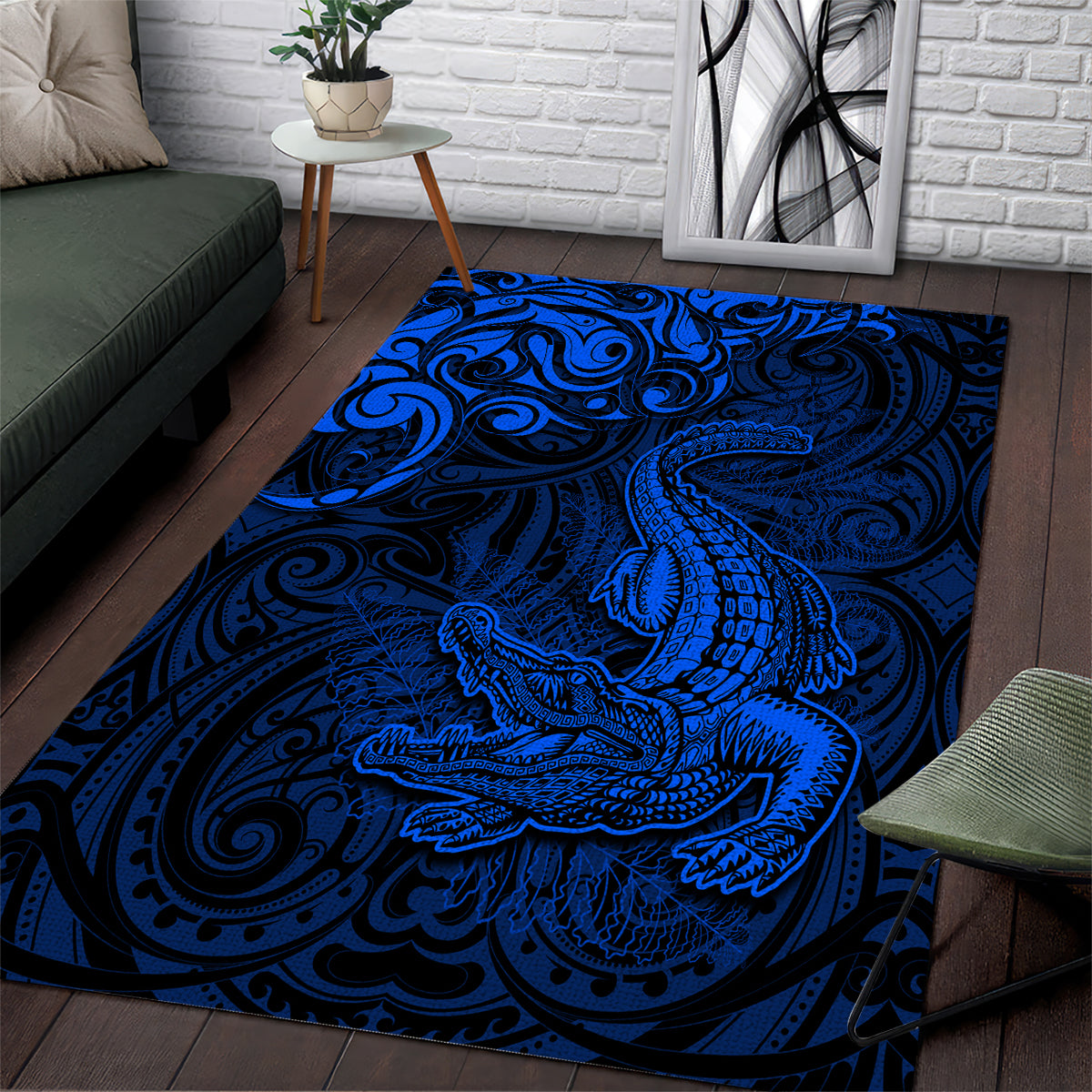 New Zealand Crocodile Tattoo and Fern Area Rug Maori Pattern Blue Color