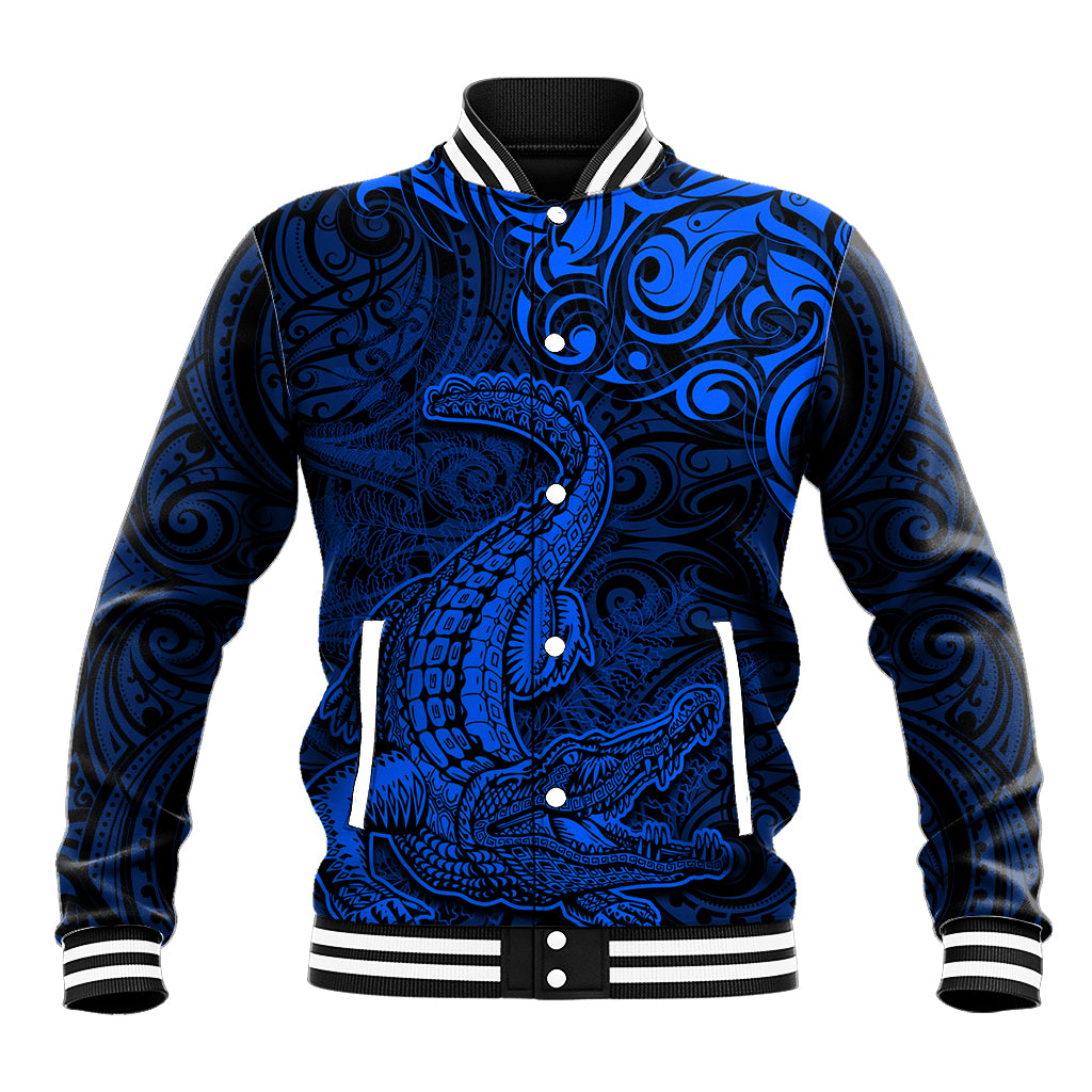New Zealand Crocodile Tattoo and Fern Baseball Jacket Maori Pattern Blue Color LT03 Unisex Blue - Polynesian Pride