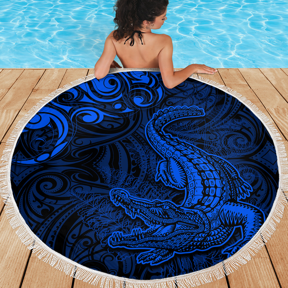 New Zealand Crocodile Tattoo and Fern Beach Blanket Maori Pattern Blue Color LT03 - Polynesian Pride