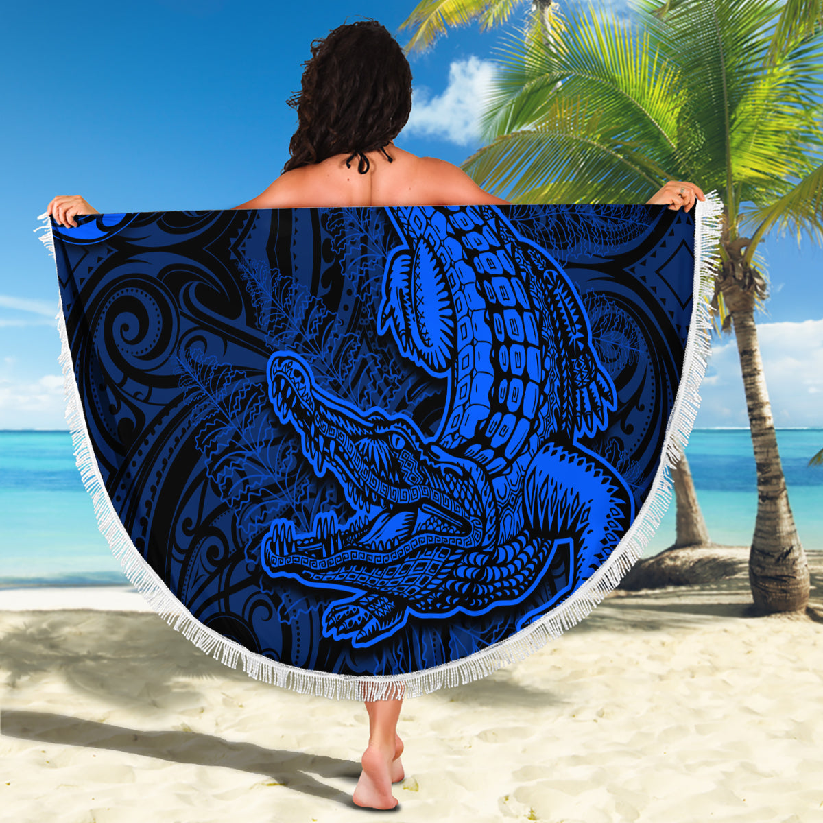 New Zealand Crocodile Tattoo and Fern Beach Blanket Maori Pattern Blue Color LT03 - Polynesian Pride