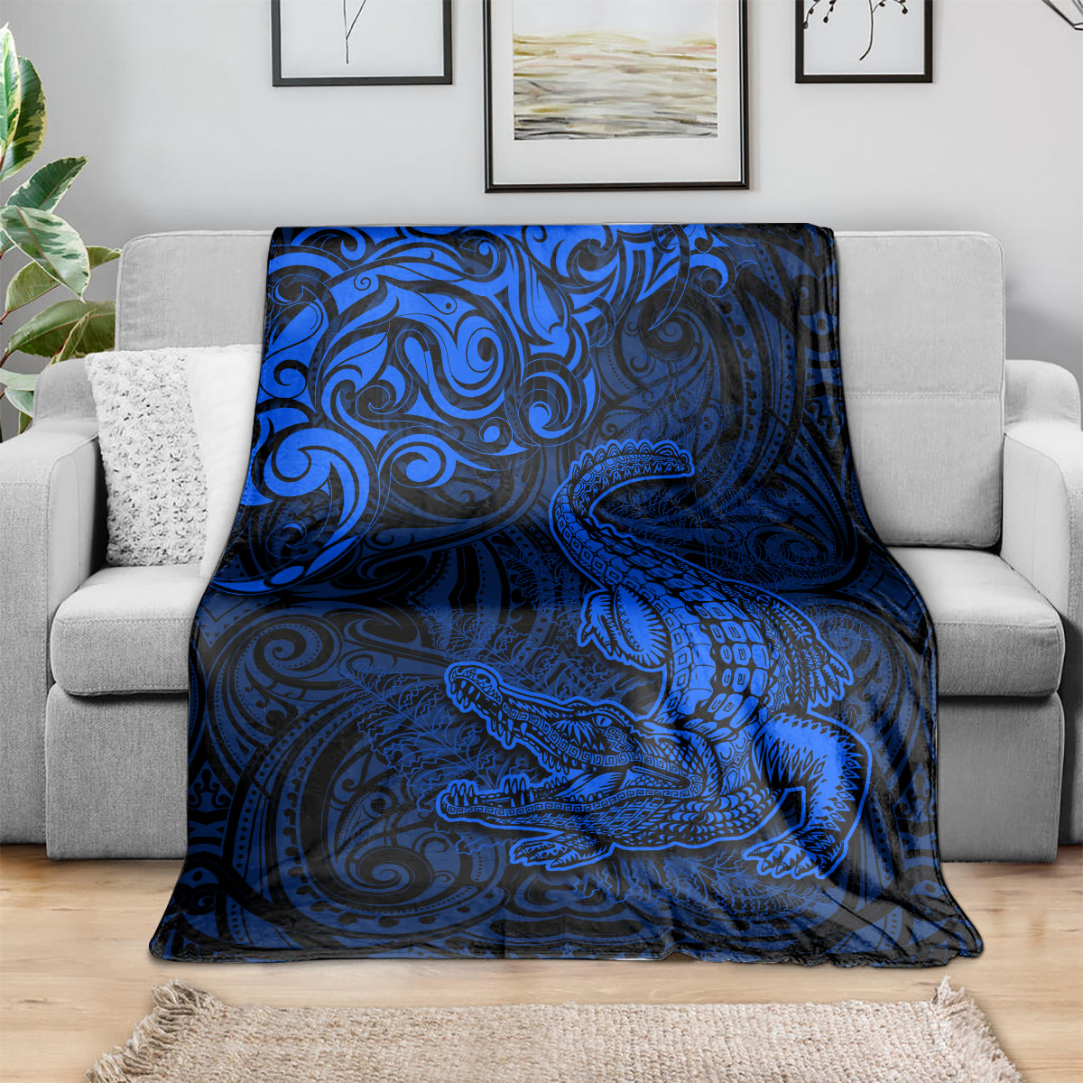 New Zealand Crocodile Tattoo and Fern Blanket Maori Pattern Blue Color LT03 - Polynesian Pride