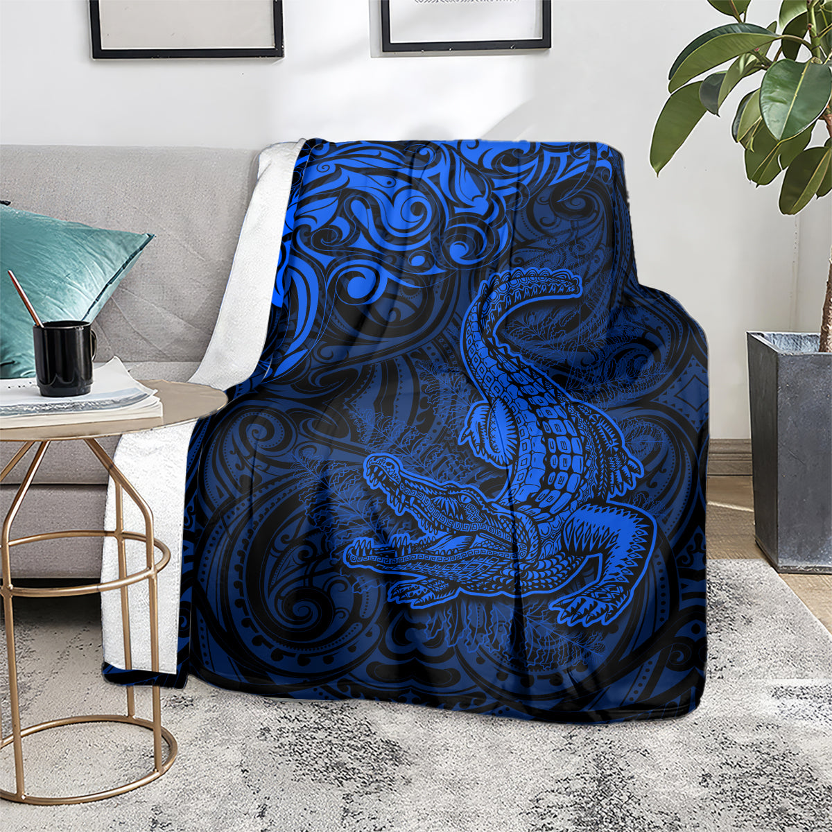 New Zealand Crocodile Tattoo and Fern Blanket Maori Pattern Blue Color LT03 - Polynesian Pride