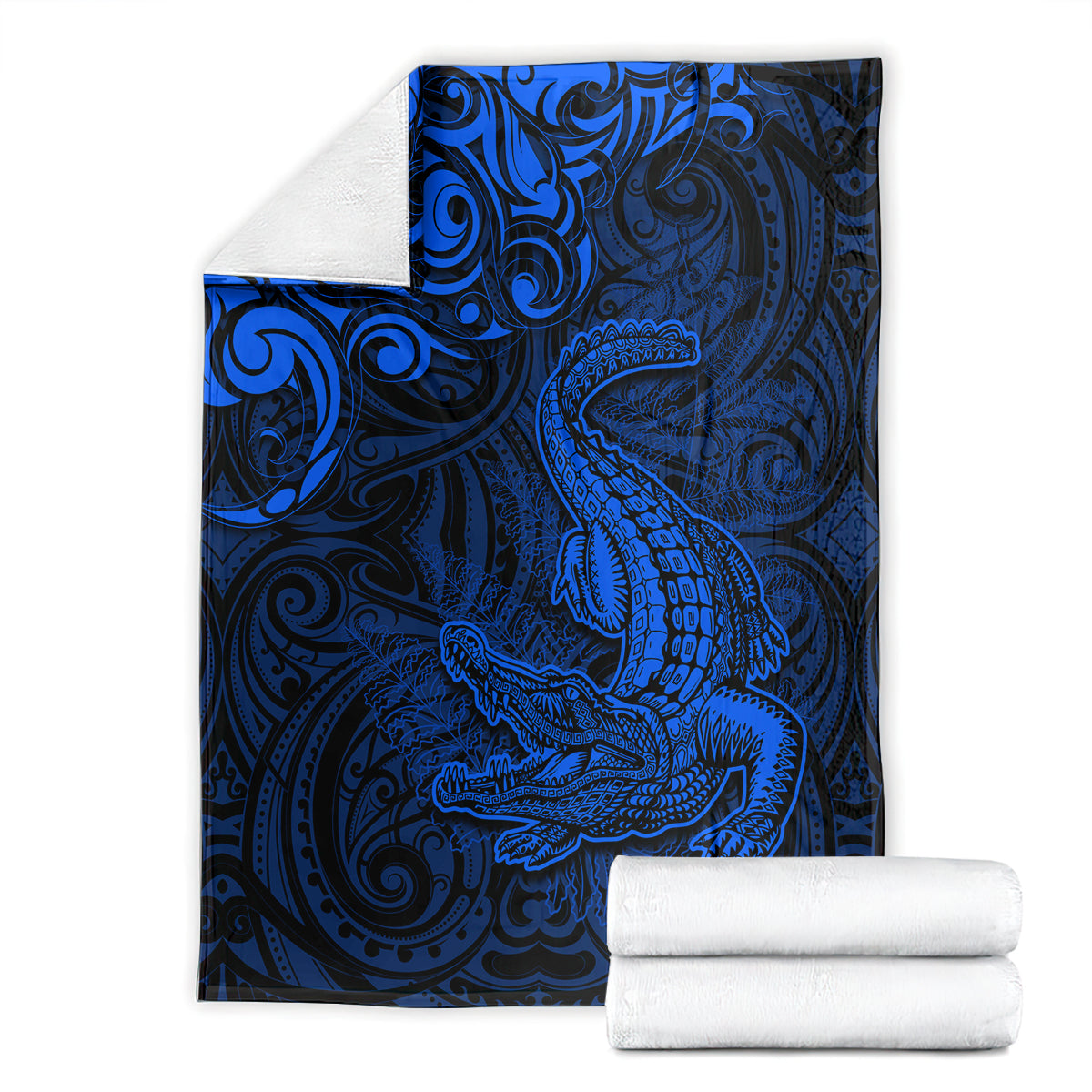 New Zealand Crocodile Tattoo and Fern Blanket Maori Pattern Blue Color LT03 - Polynesian Pride