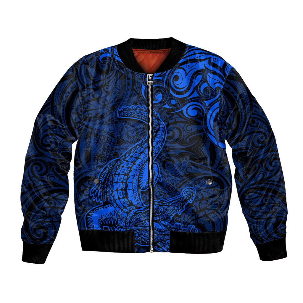 New Zealand Crocodile Tattoo and Fern Bomber Jacket Maori Pattern Blue Color LT03 Unisex Blue - Polynesian Pride