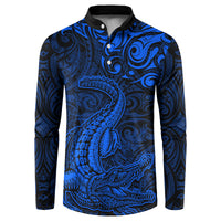 New Zealand Crocodile Tattoo and Fern Button Sweatshirt Maori Pattern Blue Color LT03 Blue - Polynesian Pride
