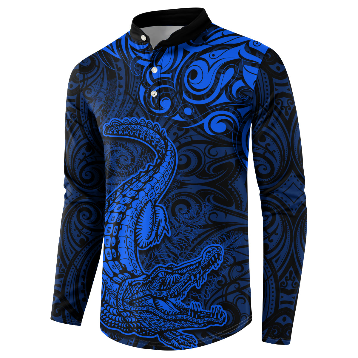 New Zealand Crocodile Tattoo and Fern Button Sweatshirt Maori Pattern Blue Color LT03 - Polynesian Pride