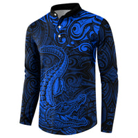 New Zealand Crocodile Tattoo and Fern Button Sweatshirt Maori Pattern Blue Color LT03 - Polynesian Pride