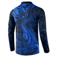 New Zealand Crocodile Tattoo and Fern Button Sweatshirt Maori Pattern Blue Color LT03 - Polynesian Pride