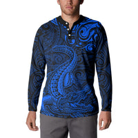 New Zealand Crocodile Tattoo and Fern Button Sweatshirt Maori Pattern Blue Color LT03 - Polynesian Pride