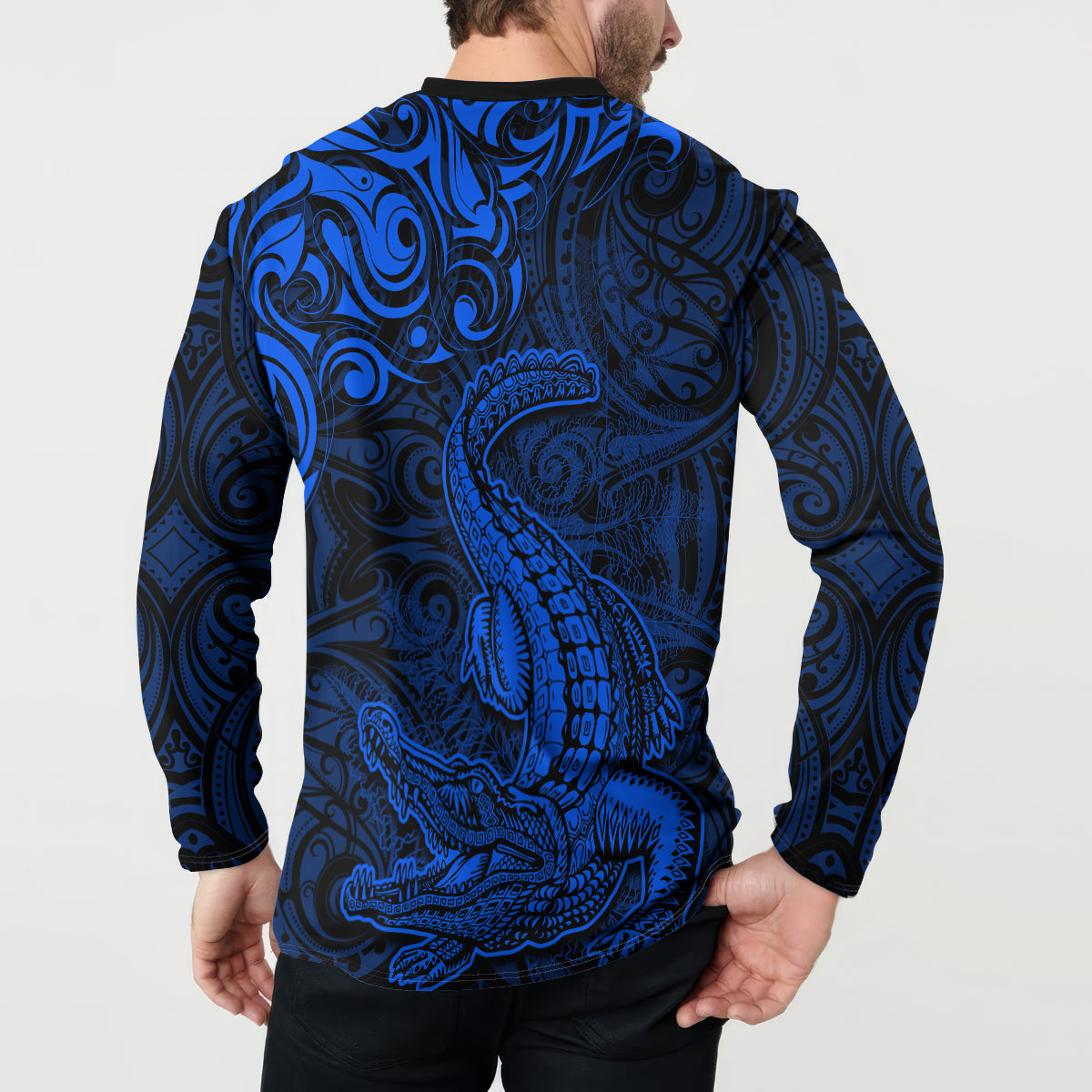 New Zealand Crocodile Tattoo and Fern Button Sweatshirt Maori Pattern Blue Color LT03 - Polynesian Pride