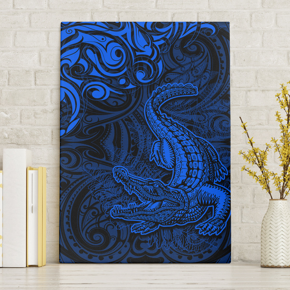 New Zealand Crocodile Tattoo and Fern Canvas Wall Art Maori Pattern Blue Color LT03 Without Frame Blue - Polynesian Pride