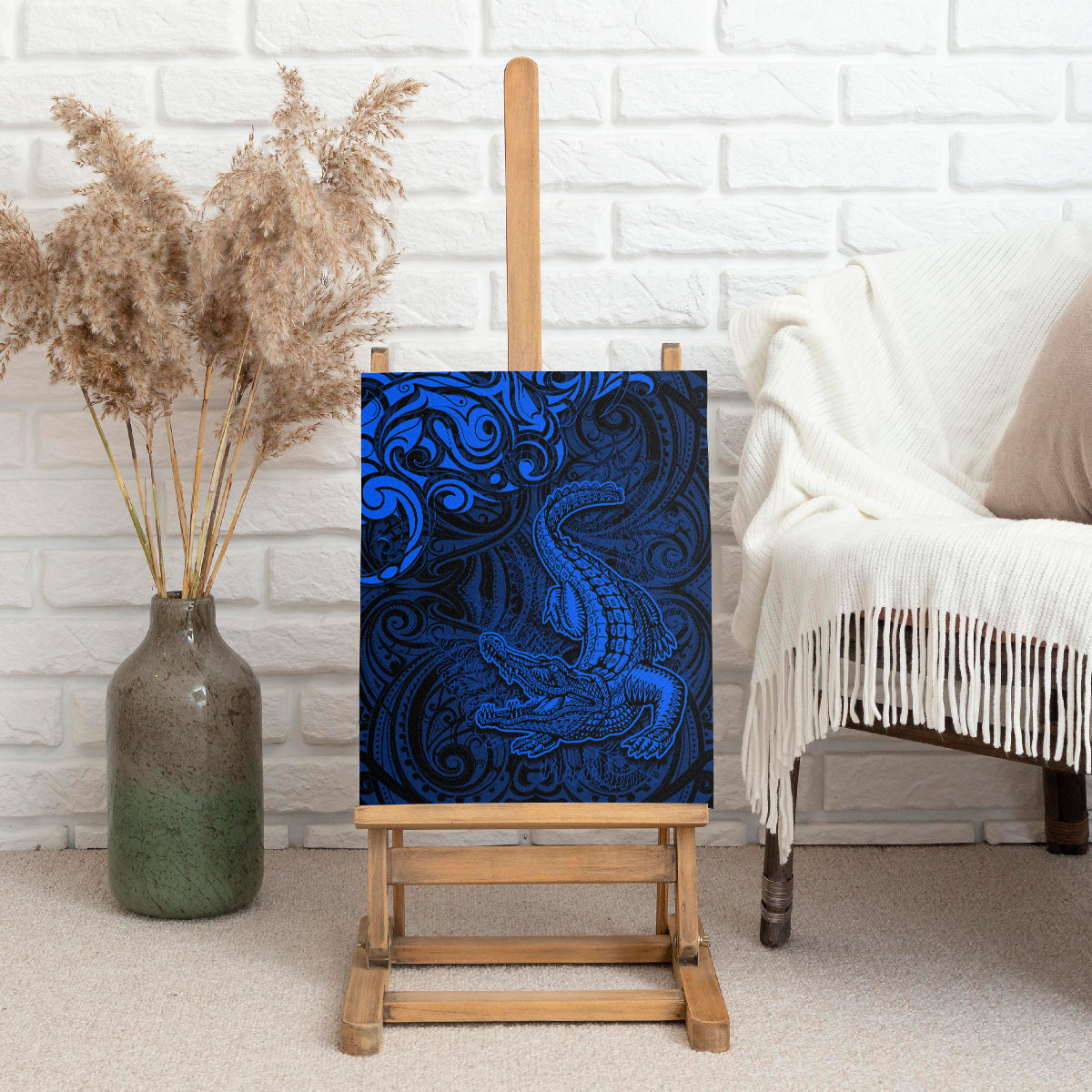 New Zealand Crocodile Tattoo and Fern Canvas Wall Art Maori Pattern Blue Color LT03 - Polynesian Pride