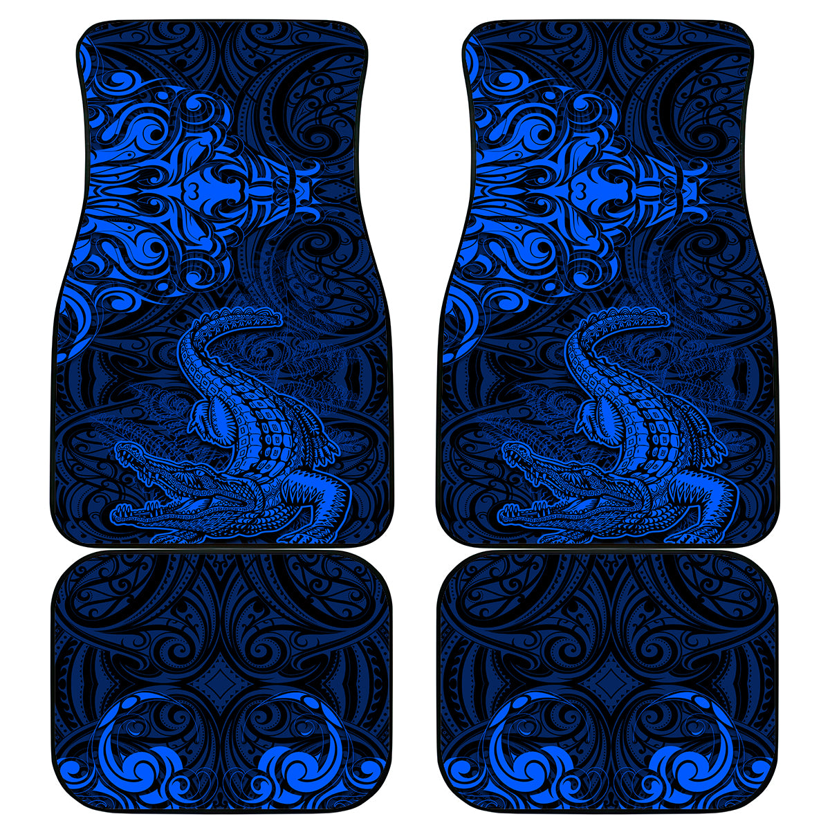New Zealand Crocodile Tattoo and Fern Car Mats Maori Pattern Blue Color LT03 - Polynesian Pride