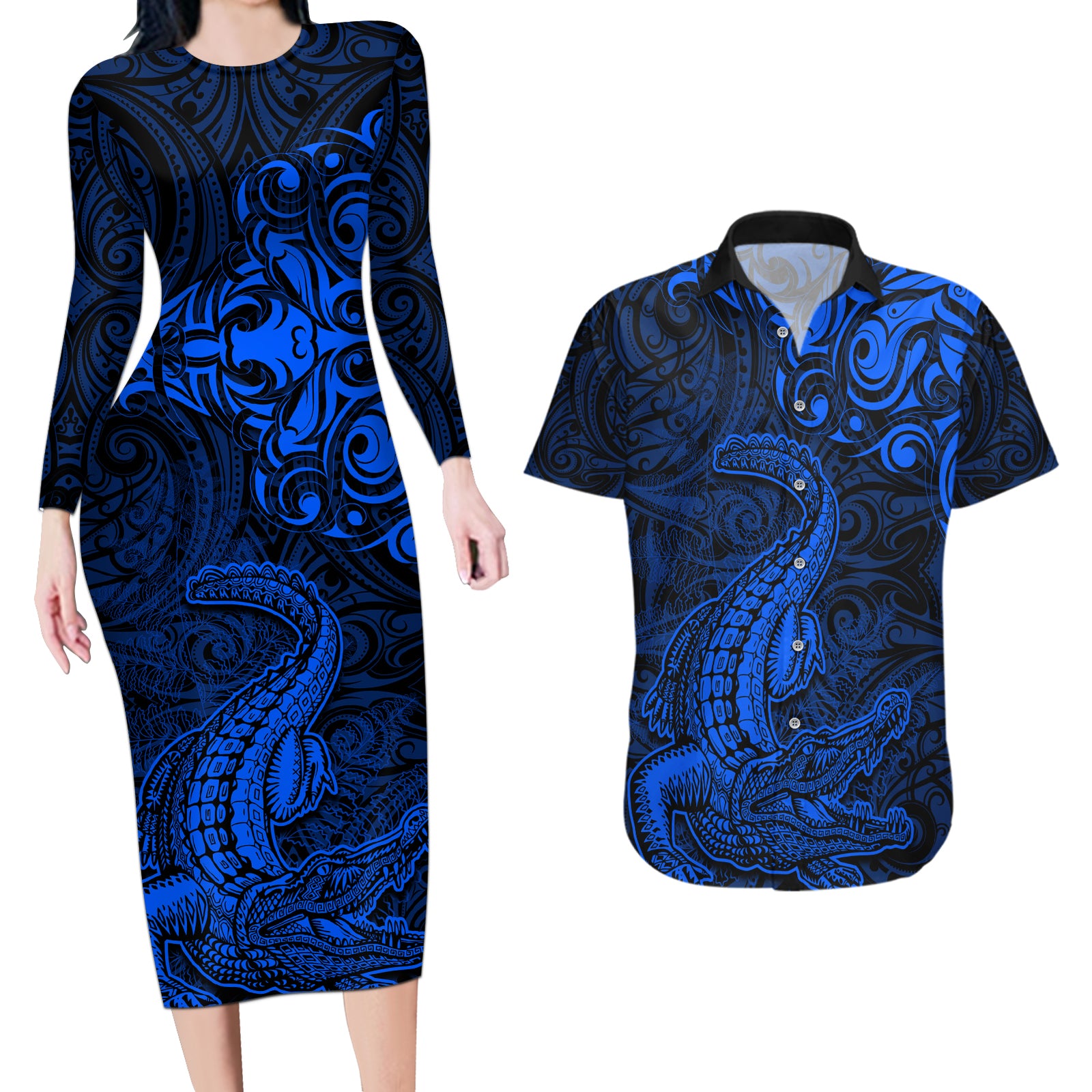 New Zealand Crocodile Tattoo and Fern Couples Matching Long Sleeve Bodycon Dress and Hawaiian Shirt Maori Pattern Blue Color LT03 Blue - Polynesian Pride