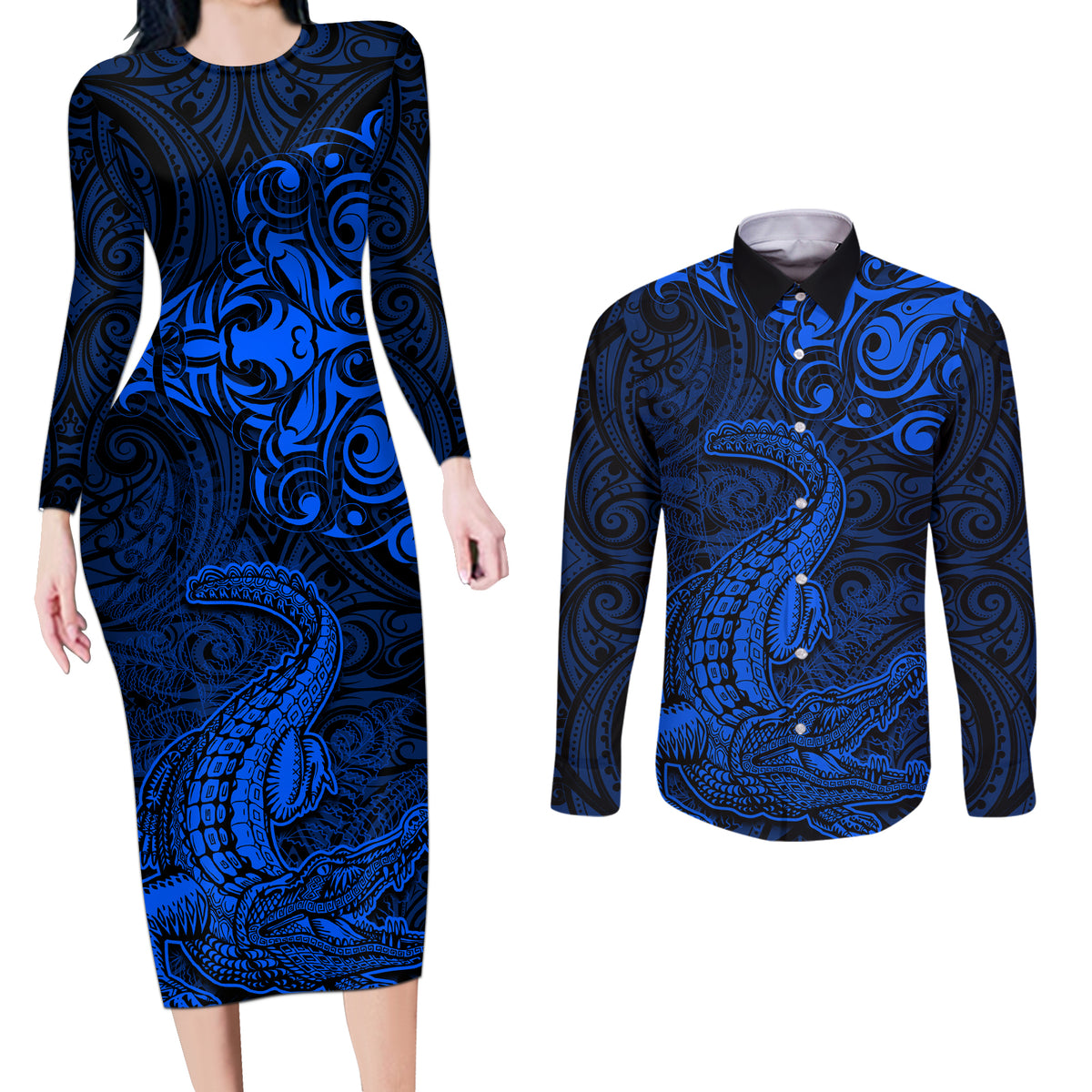 New Zealand Crocodile Tattoo and Fern Couples Matching Long Sleeve Bodycon Dress and Long Sleeve Button Shirt Maori Pattern Blue Color