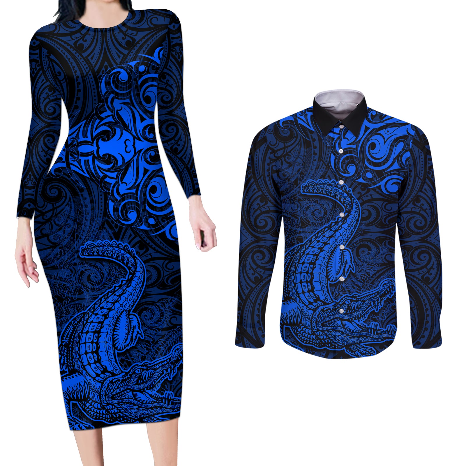 New Zealand Crocodile Tattoo and Fern Couples Matching Long Sleeve Bodycon Dress and Long Sleeve Button Shirt Maori Pattern Blue Color LT03 Blue - Polynesian Pride