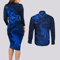 New Zealand Crocodile Tattoo and Fern Couples Matching Long Sleeve Bodycon Dress and Long Sleeve Button Shirt Maori Pattern Blue Color