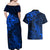 New Zealand Crocodile Tattoo and Fern Couples Matching Off Shoulder Maxi Dress and Hawaiian Shirt Maori Pattern Blue Color