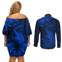 New Zealand Crocodile Tattoo and Fern Couples Matching Off Shoulder Short Dress and Long Sleeve Button Shirt Maori Pattern Blue Color
