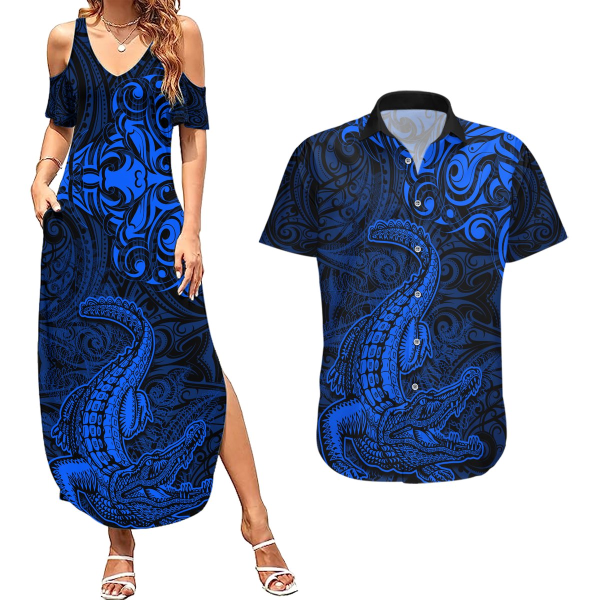 New Zealand Crocodile Tattoo and Fern Couples Matching Summer Maxi Dress and Hawaiian Shirt Maori Pattern Blue Color