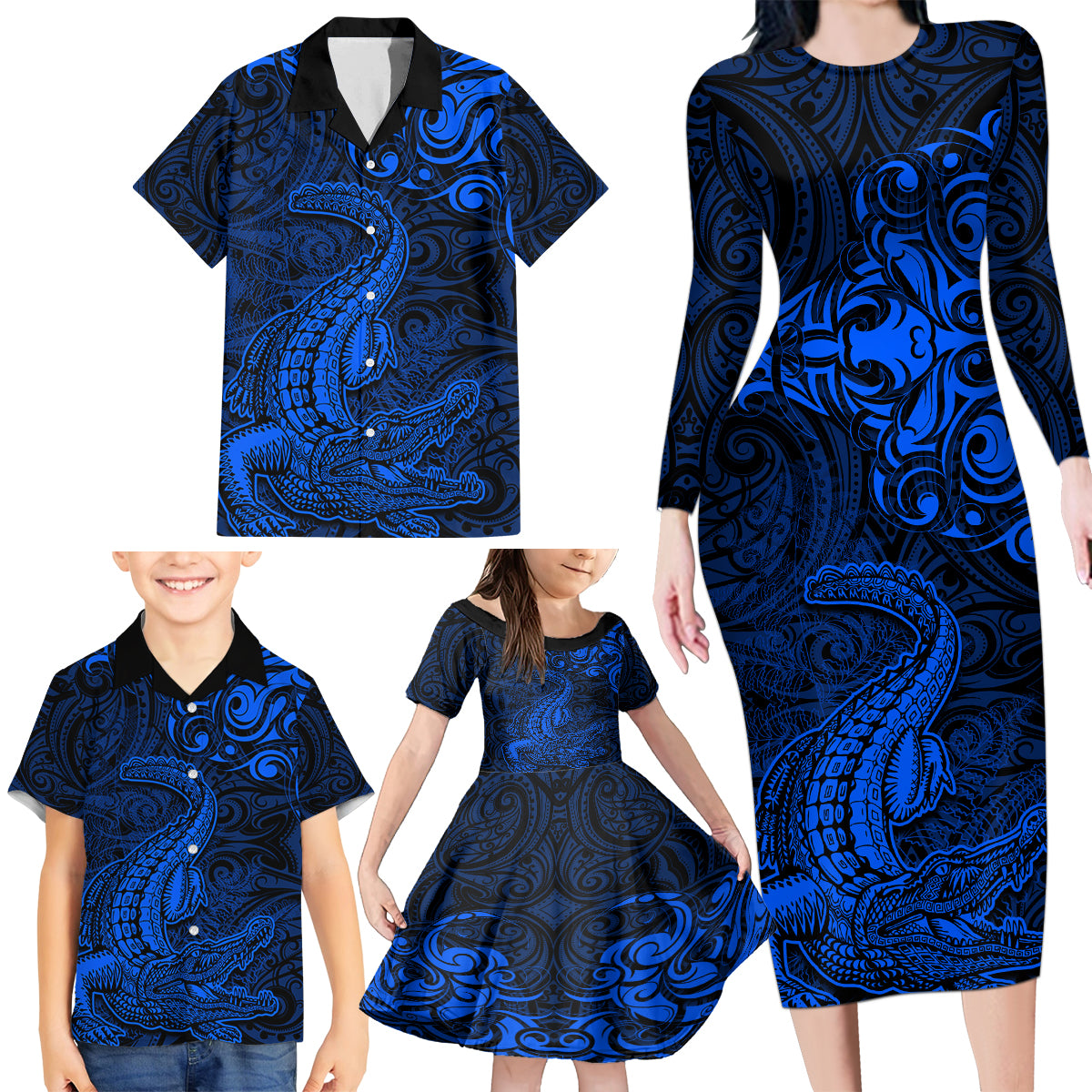 New Zealand Crocodile Tattoo and Fern Family Matching Long Sleeve Bodycon Dress and Hawaiian Shirt Maori Pattern Blue Color