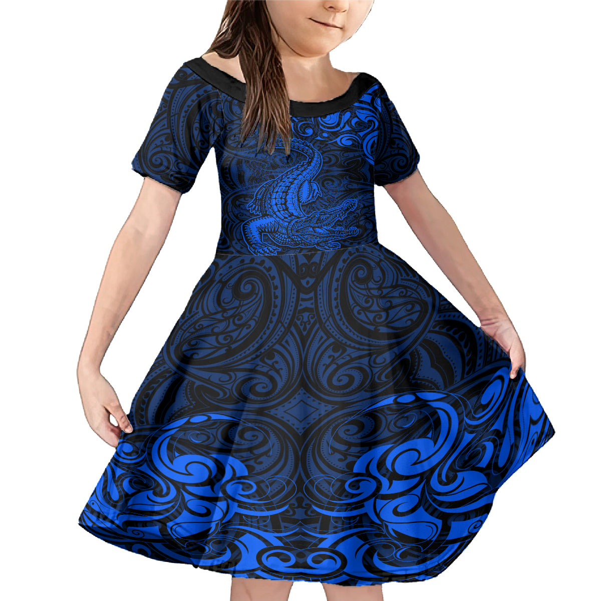 New Zealand Crocodile Tattoo and Fern Family Matching Mermaid Dress and Hawaiian Shirt Maori Pattern Blue Color