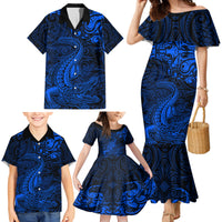 New Zealand Crocodile Tattoo and Fern Family Matching Mermaid Dress and Hawaiian Shirt Maori Pattern Blue Color