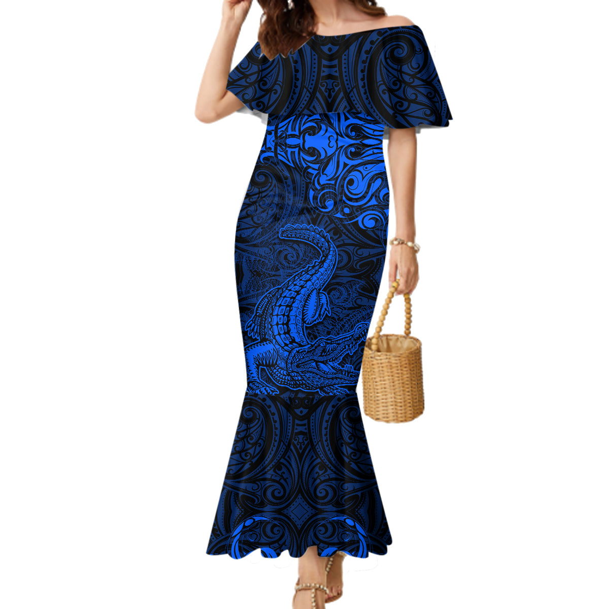 New Zealand Crocodile Tattoo and Fern Family Matching Mermaid Dress and Hawaiian Shirt Maori Pattern Blue Color