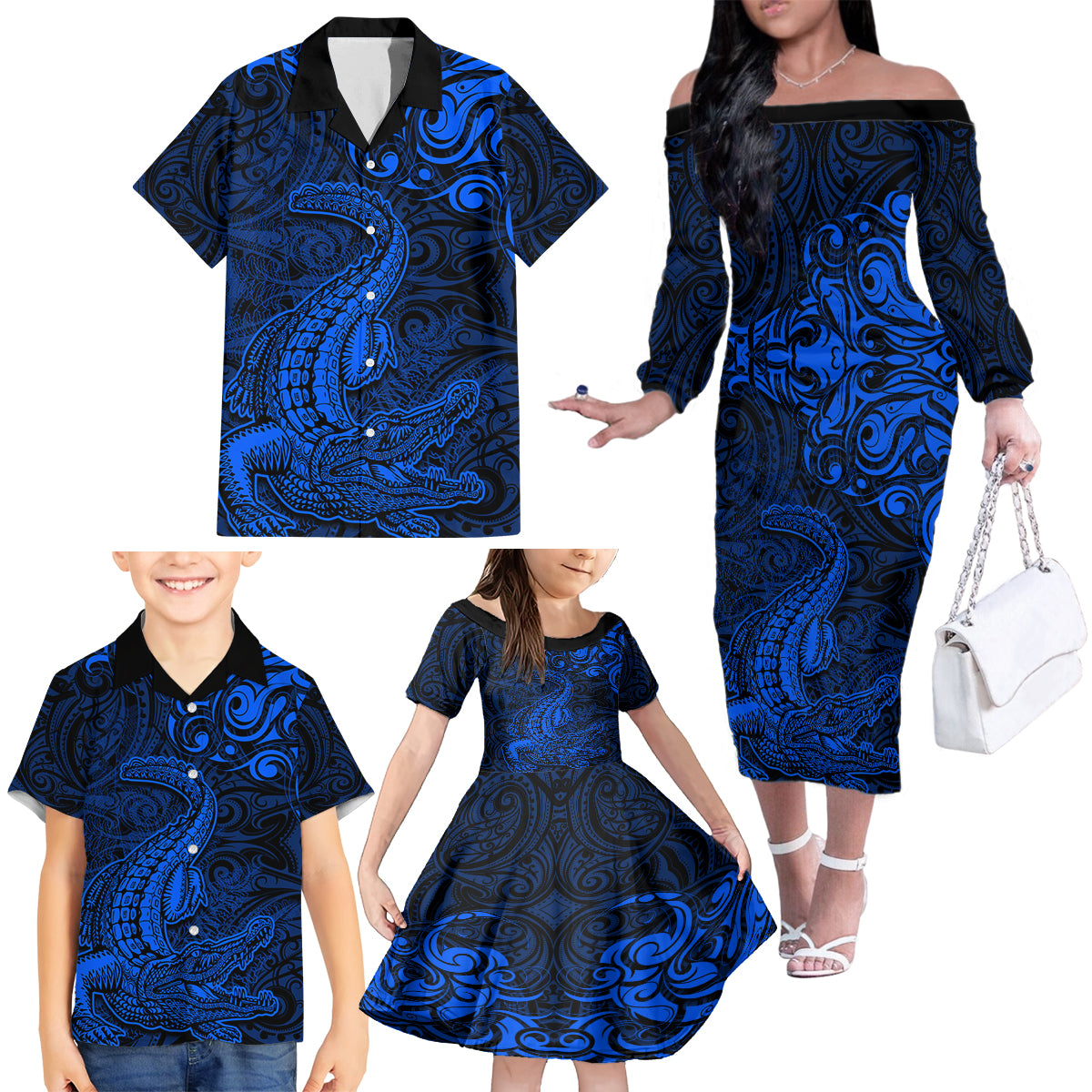 New Zealand Crocodile Tattoo and Fern Family Matching Off The Shoulder Long Sleeve Dress and Hawaiian Shirt Maori Pattern Blue Color