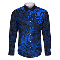New Zealand Crocodile Tattoo and Fern Family Matching Off The Shoulder Long Sleeve Dress and Hawaiian Shirt Maori Pattern Blue Color