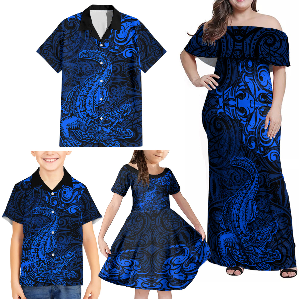 New Zealand Crocodile Tattoo and Fern Family Matching Off Shoulder Maxi Dress and Hawaiian Shirt Maori Pattern Blue Color