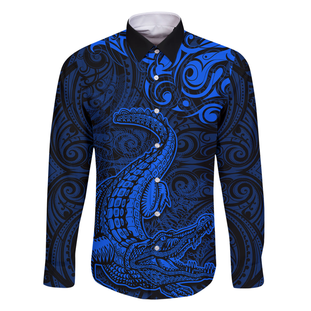 New Zealand Crocodile Tattoo and Fern Family Matching Off Shoulder Maxi Dress and Hawaiian Shirt Maori Pattern Blue Color