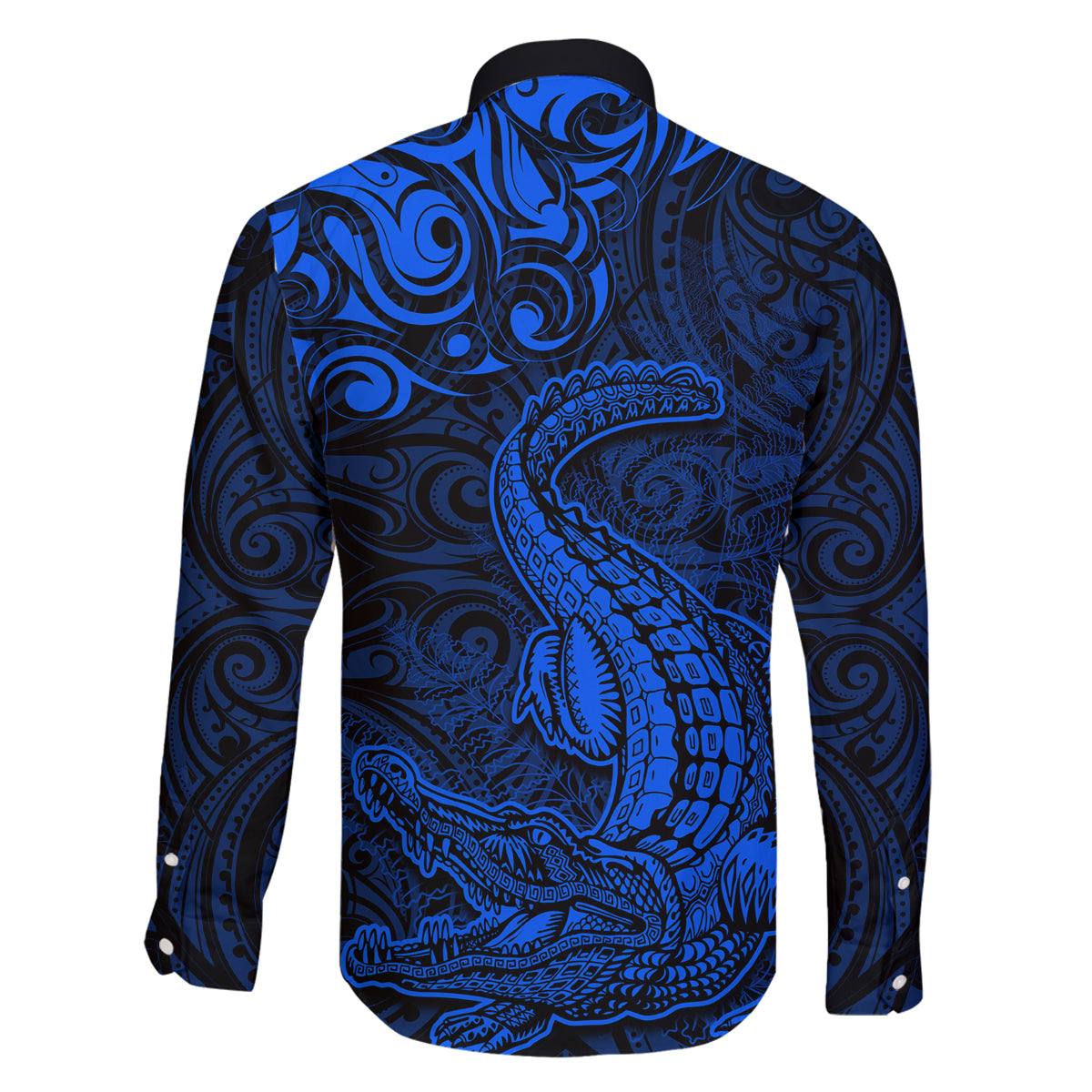 New Zealand Crocodile Tattoo and Fern Family Matching Off Shoulder Maxi Dress and Hawaiian Shirt Maori Pattern Blue Color