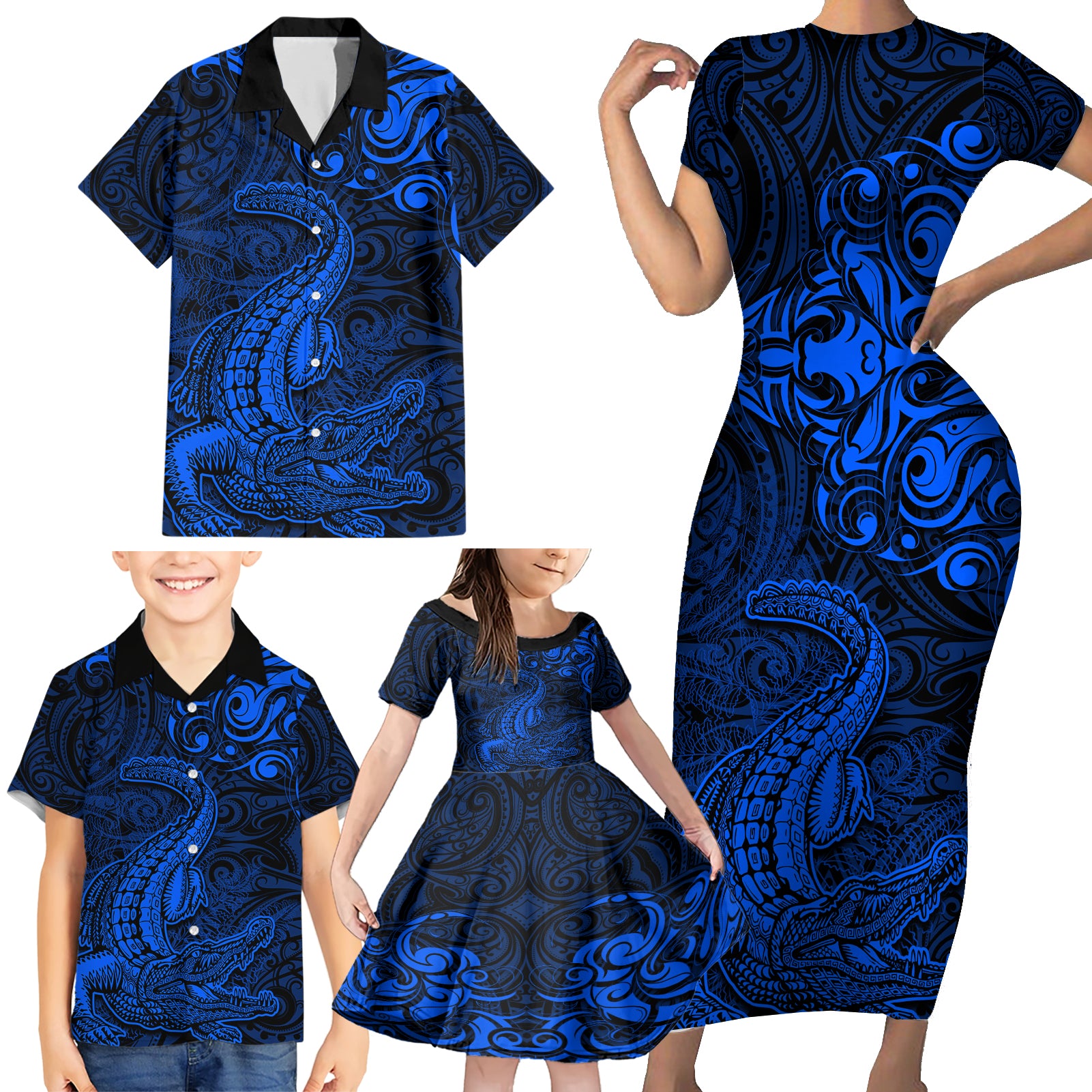 New Zealand Crocodile Tattoo and Fern Family Matching Short Sleeve Bodycon Dress and Hawaiian Shirt Maori Pattern Blue Color