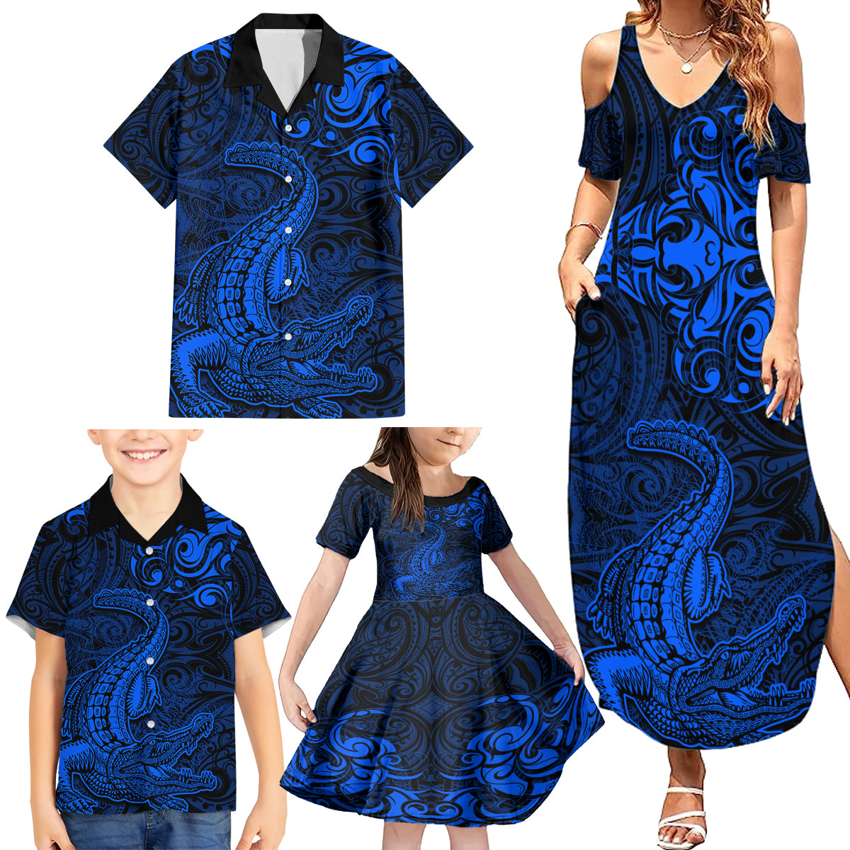 New Zealand Crocodile Tattoo and Fern Family Matching Summer Maxi Dress and Hawaiian Shirt Maori Pattern Blue Color LT03 - Polynesian Pride