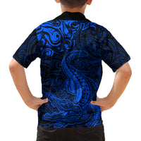 New Zealand Crocodile Tattoo and Fern Family Matching Tank Maxi Dress and Hawaiian Shirt Maori Pattern Blue Color