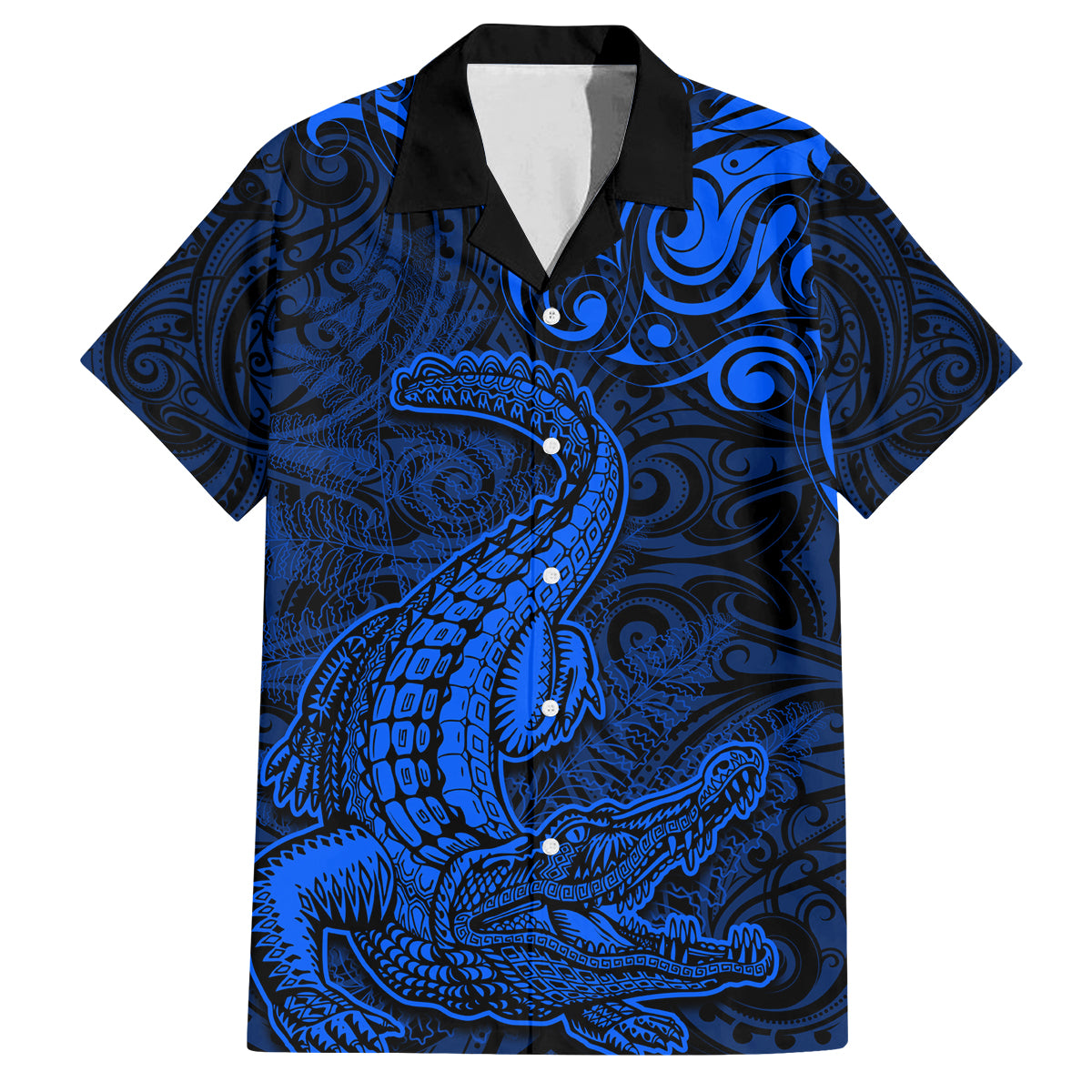 New Zealand Crocodile Tattoo and Fern Family Matching Tank Maxi Dress and Hawaiian Shirt Maori Pattern Blue Color