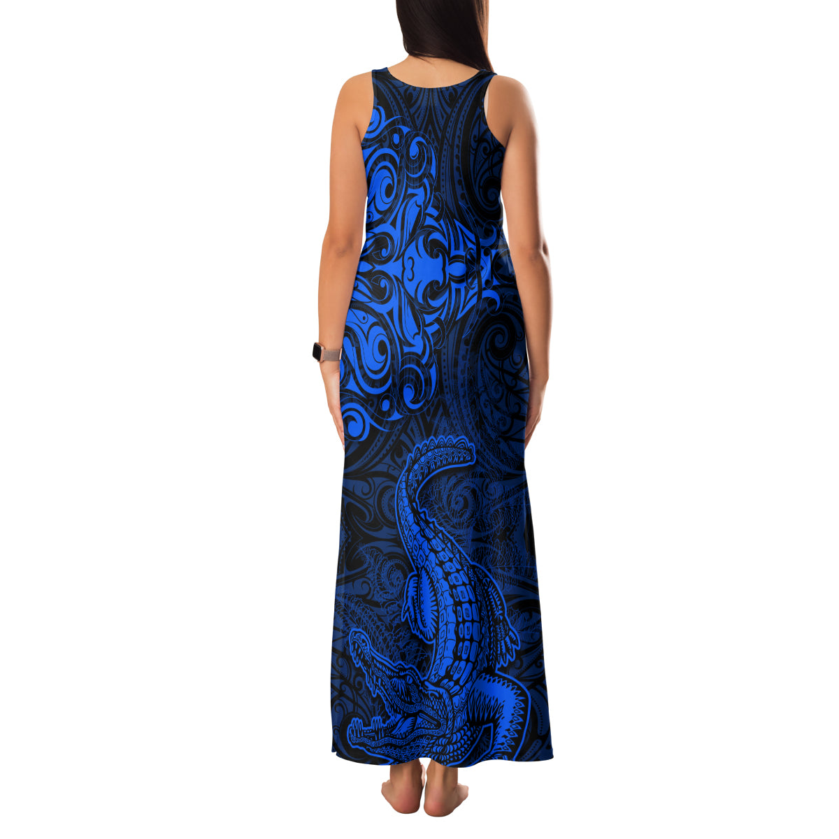 New Zealand Crocodile Tattoo and Fern Family Matching Tank Maxi Dress and Hawaiian Shirt Maori Pattern Blue Color