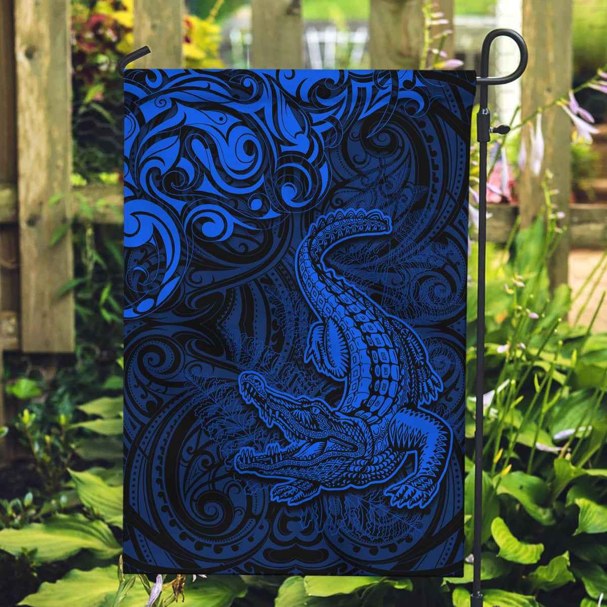 New Zealand Crocodile Tattoo and Fern Garden Flag Maori Pattern Blue Color LT03 Garden Flag Blue - Polynesian Pride