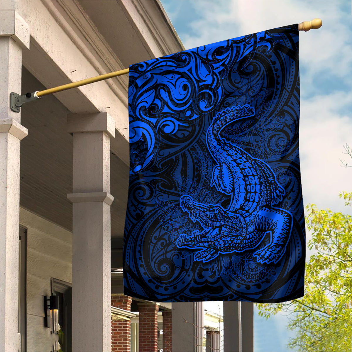 New Zealand Crocodile Tattoo and Fern Garden Flag Maori Pattern Blue Color LT03 House Flag Blue - Polynesian Pride
