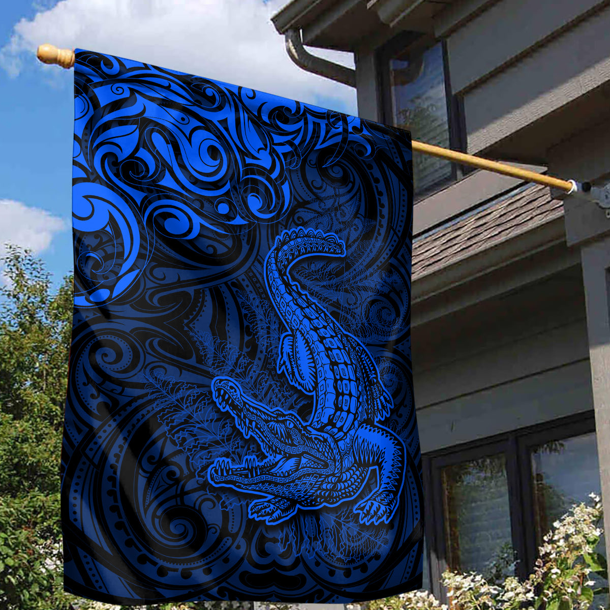 New Zealand Crocodile Tattoo and Fern Garden Flag Maori Pattern Blue Color LT03 - Polynesian Pride