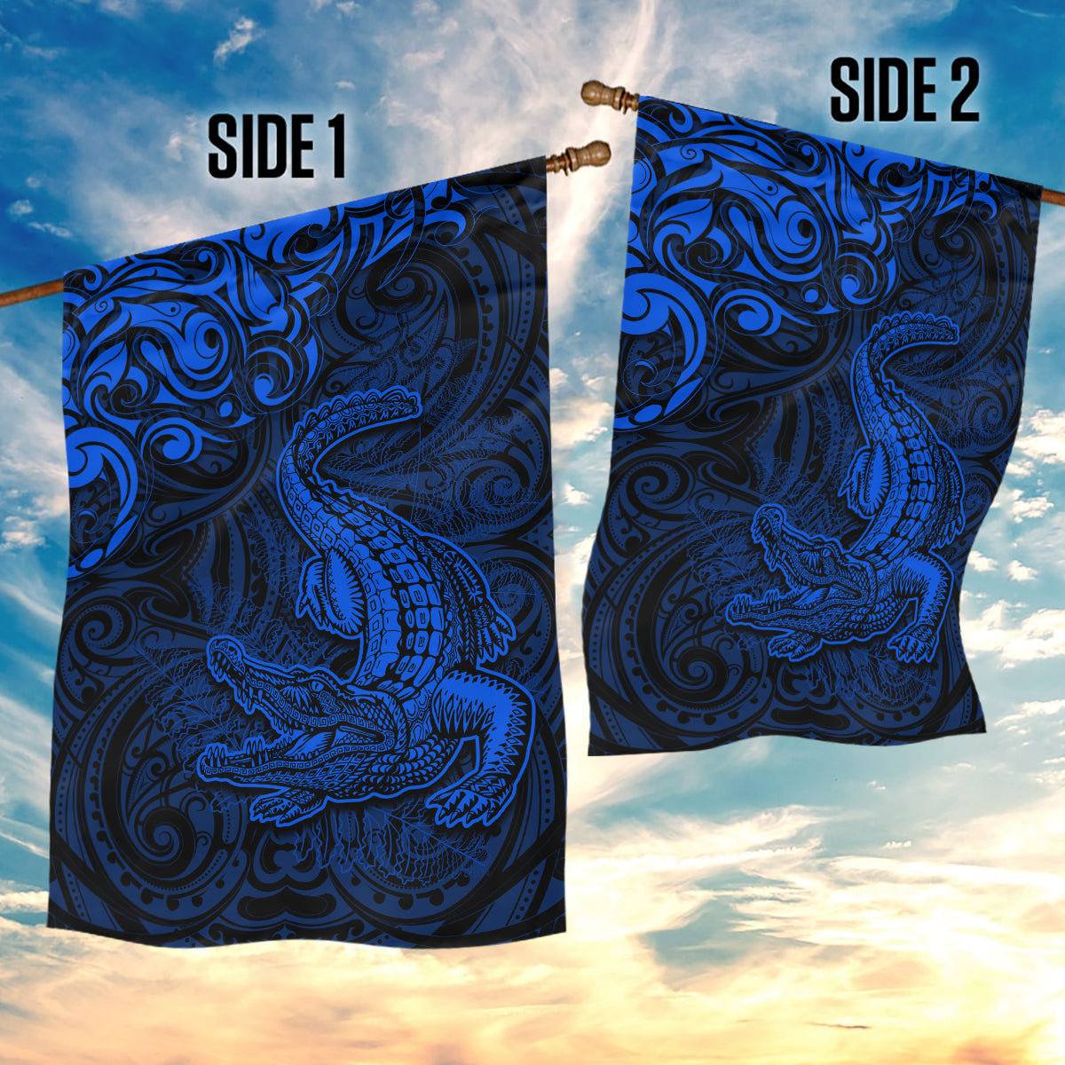 New Zealand Crocodile Tattoo and Fern Garden Flag Maori Pattern Blue Color LT03 - Polynesian Pride